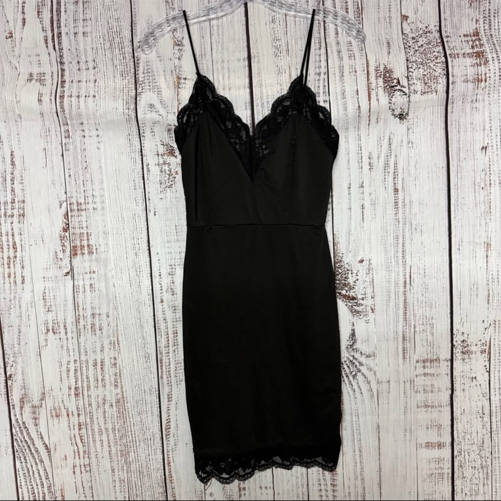 NWT Fashion Nova Black Slip  Dress with Lace Detail